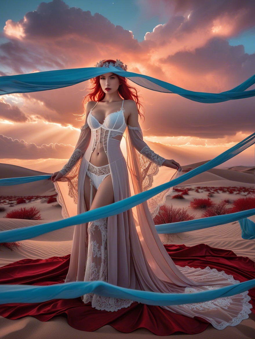 Surreal Desert Landscape with Ethereal Figure at Sunset