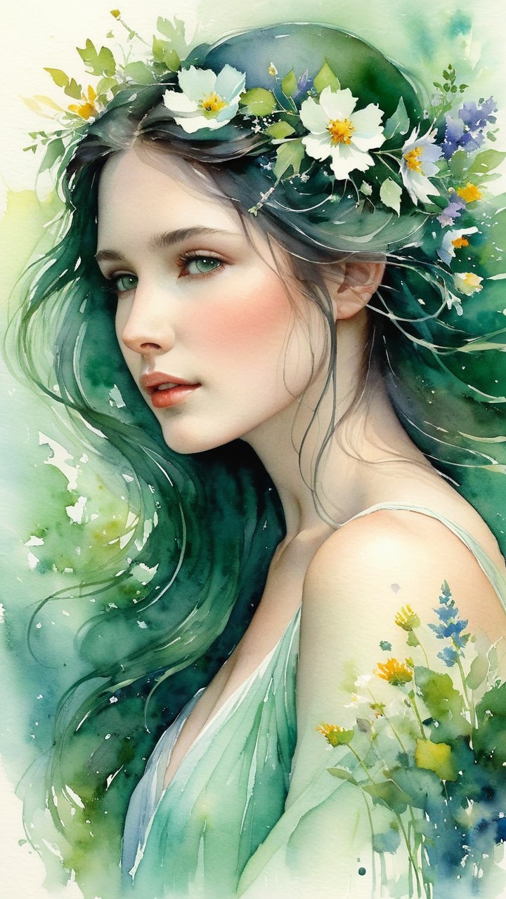 Portrait of a woman with green hair and floral crown