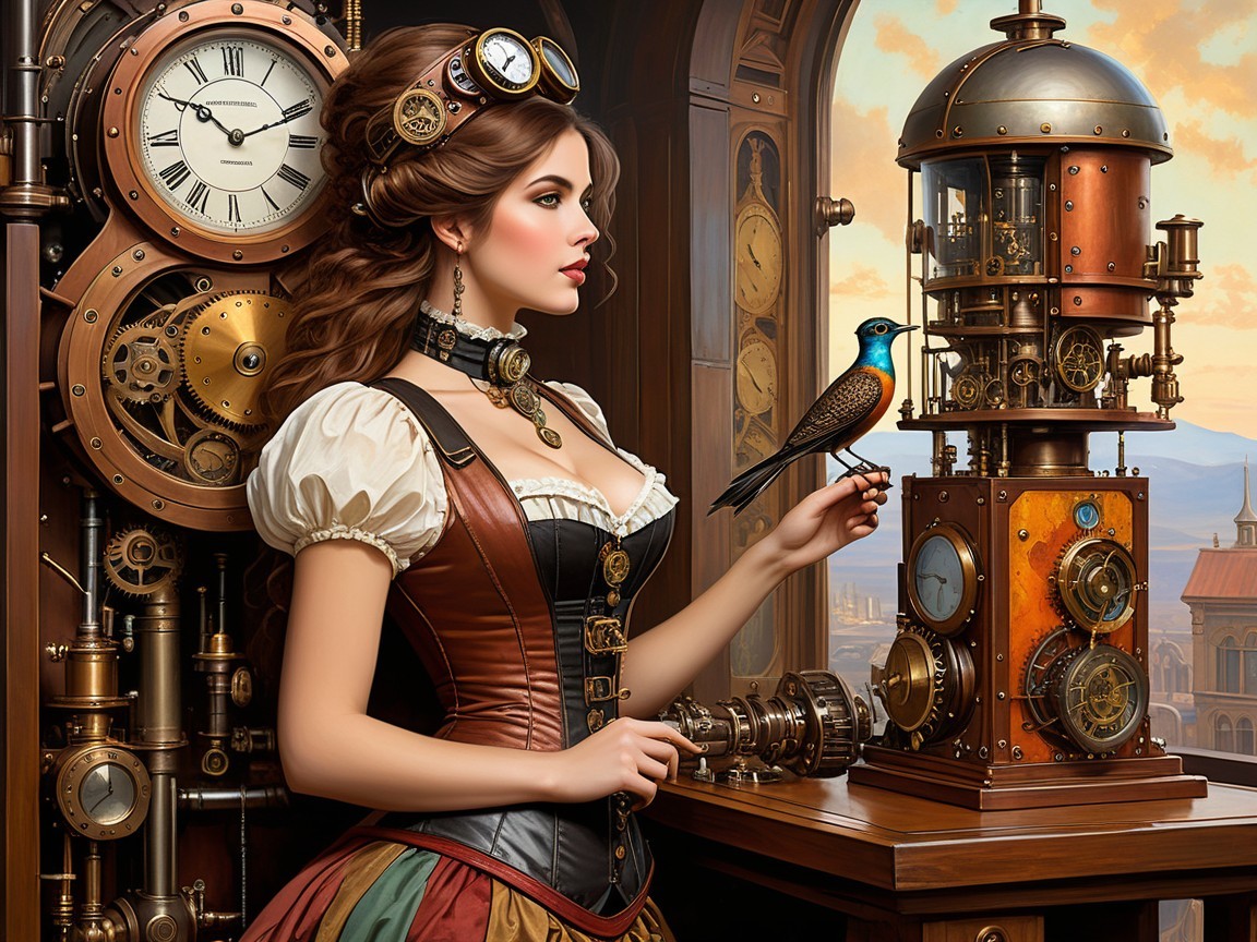 Steampunk Woman in Intricate Mechanical Room