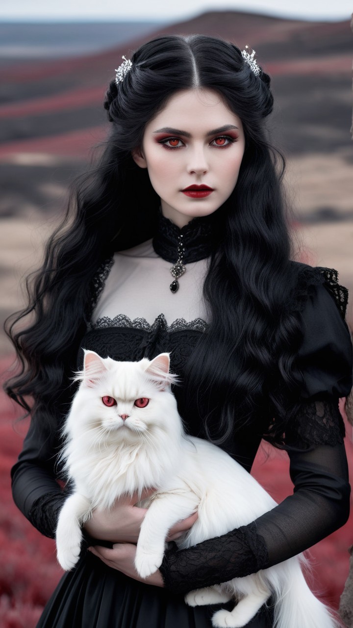 Young woman in black dress with red-eyed cat in landscape