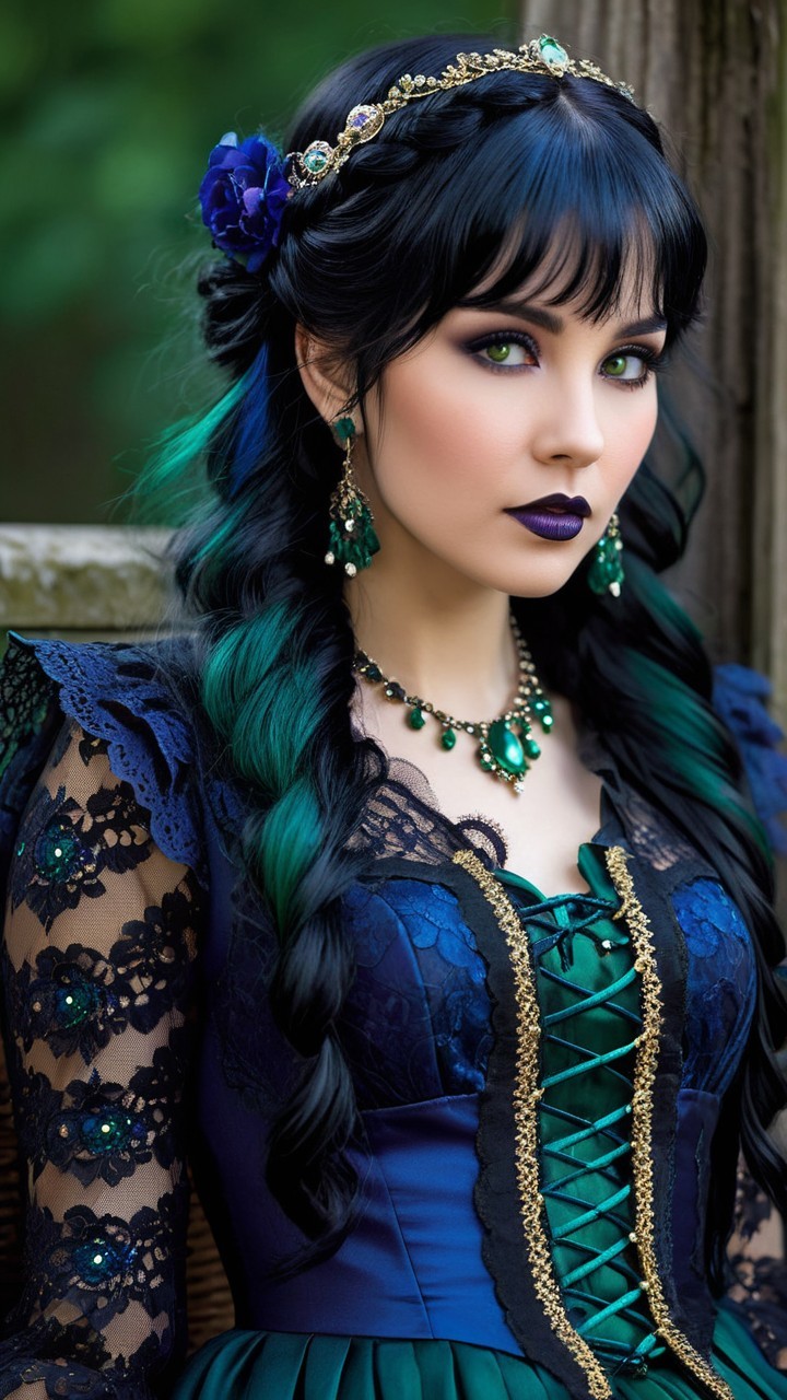 Young Woman in Elegant Dark Gown with Emerald Eyes