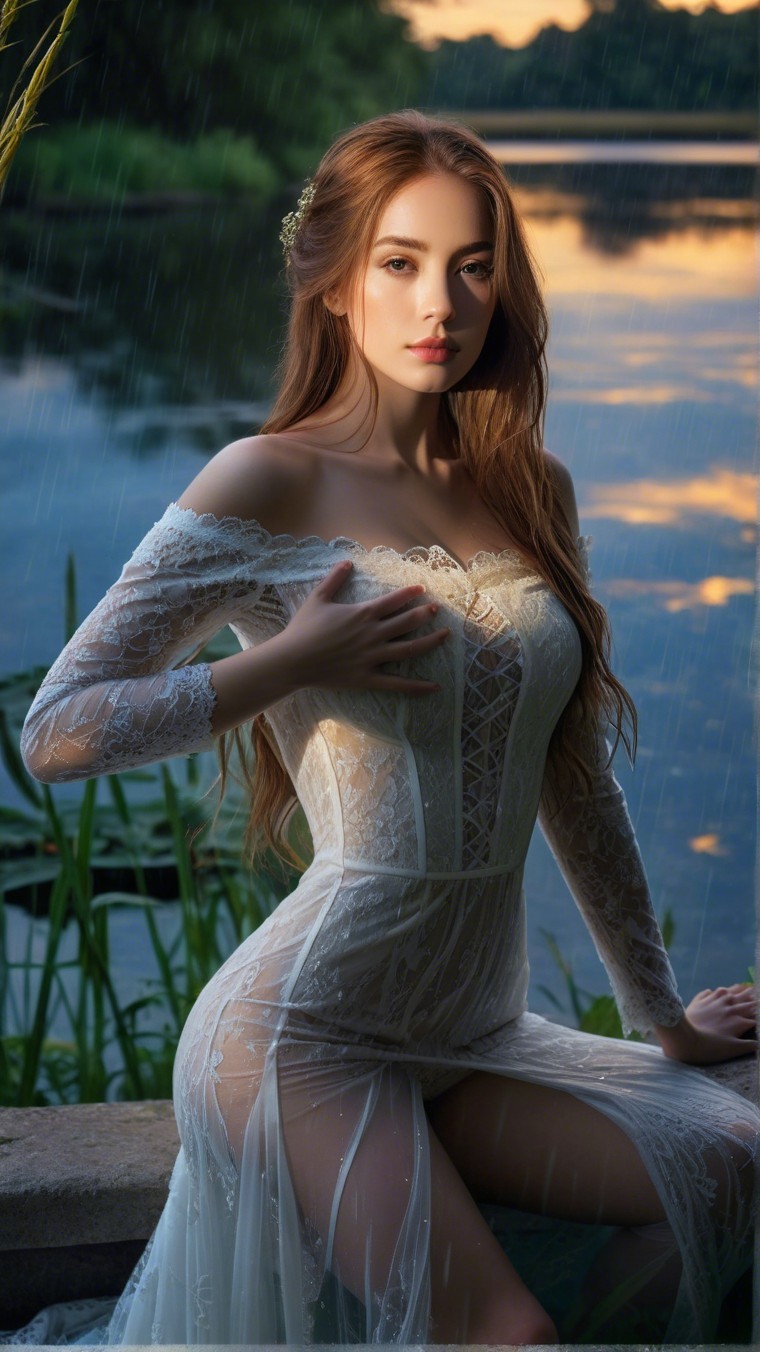 Elegant Woman by Serene Lake at Sunset
