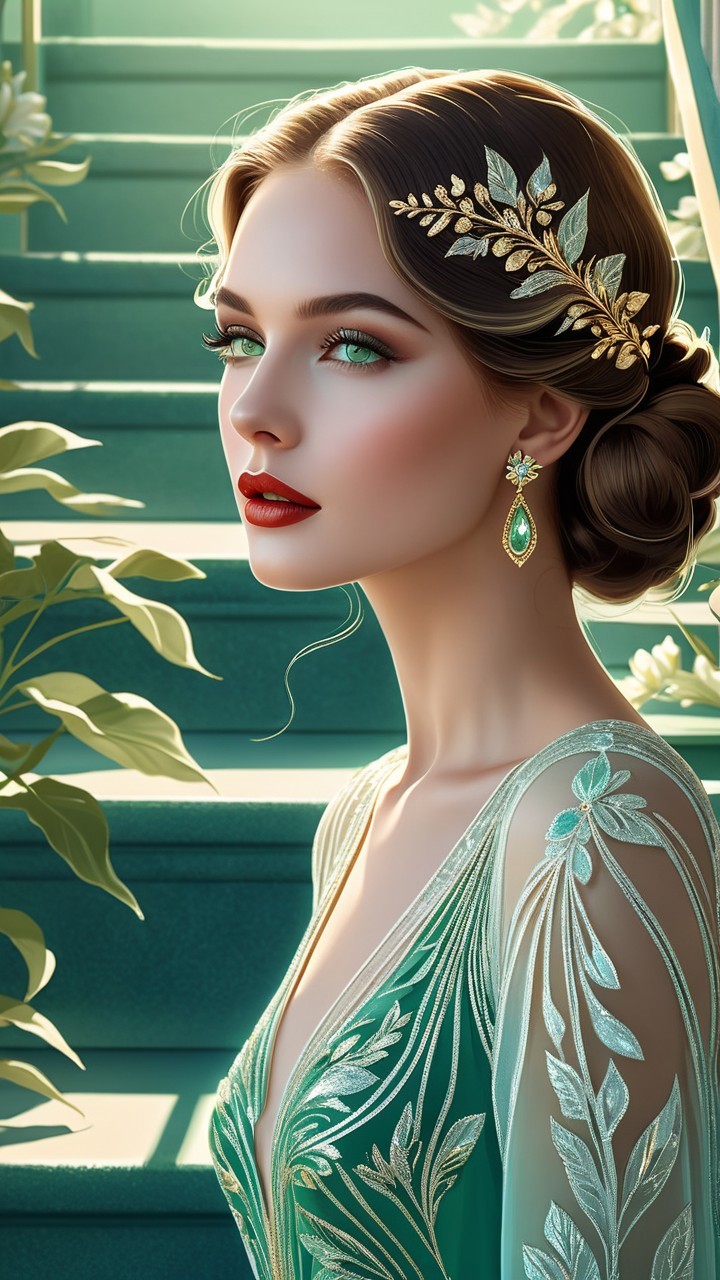 Elegant Woman in Emerald Dress with Leaf Patterns