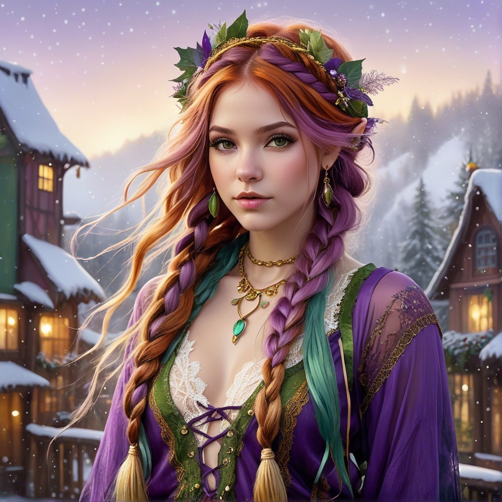 Young woman in purple dress in snowy village setting