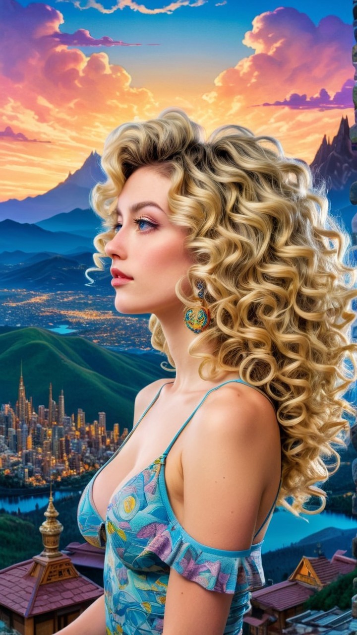 Profile of a Woman Against a Sunset Cityscape