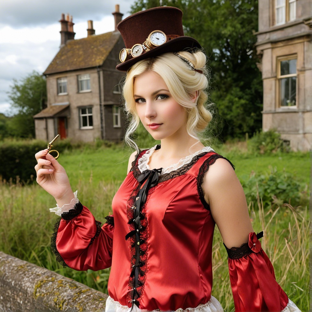Young Woman in Red Blouse with Vintage Hat Outdoors