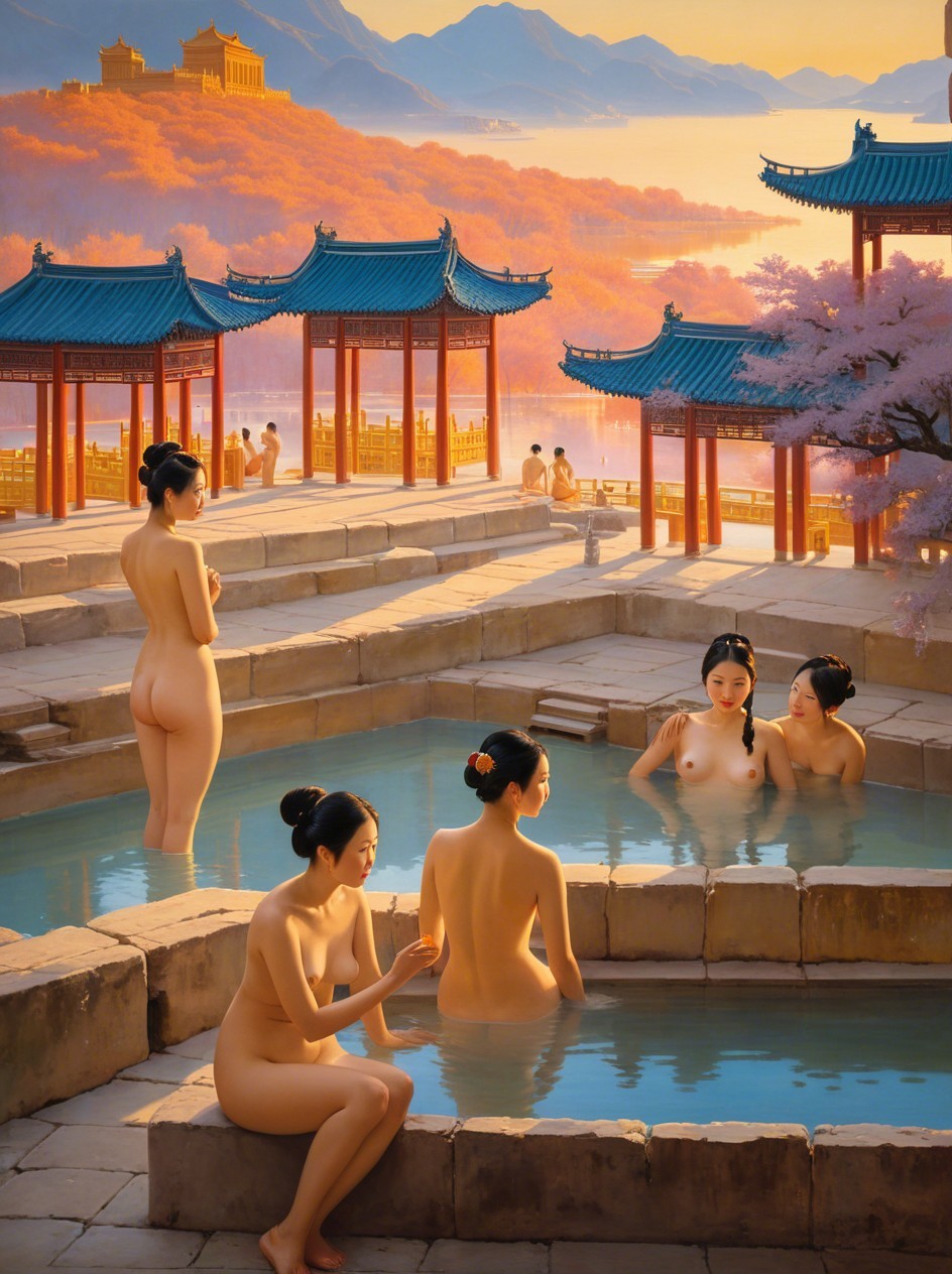 Group of Five Women Bathing in Outdoor Hot Spring