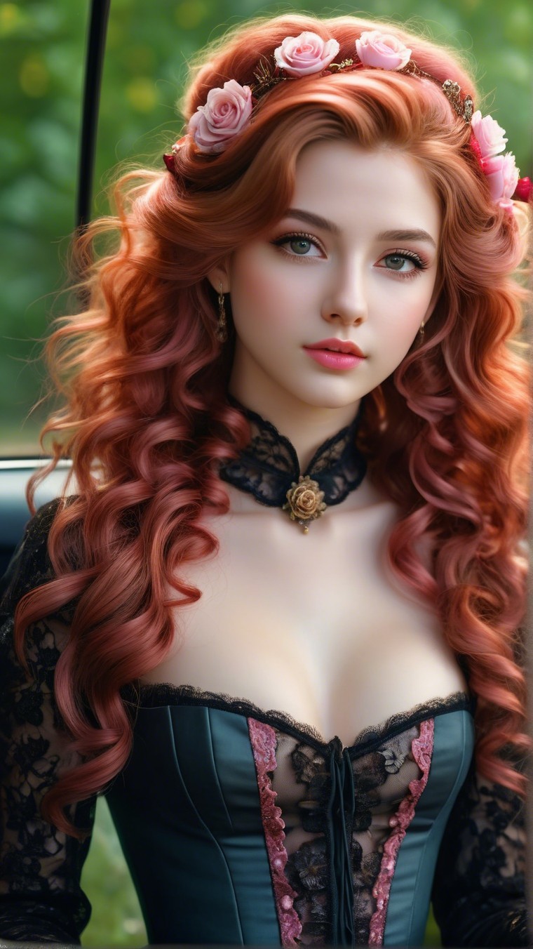 Young woman with red hair and dark lace dress
