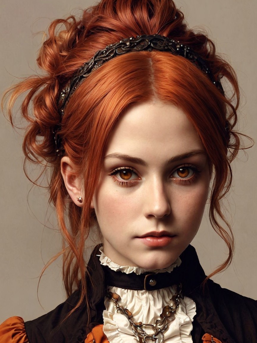 Elegant Young Woman with Curly Auburn Hair and Vintage Style