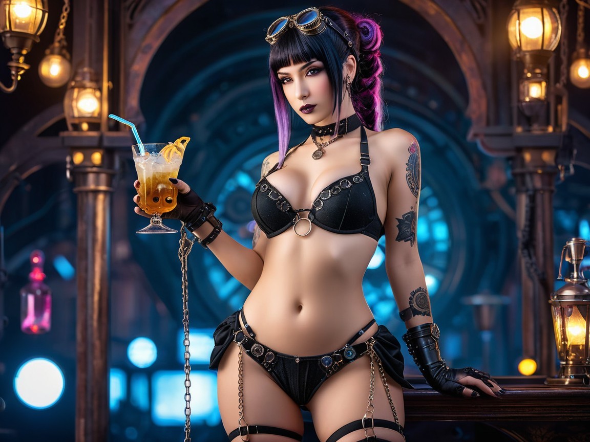 Stylish Figure in Black Lingerie at Dimly Lit Bar