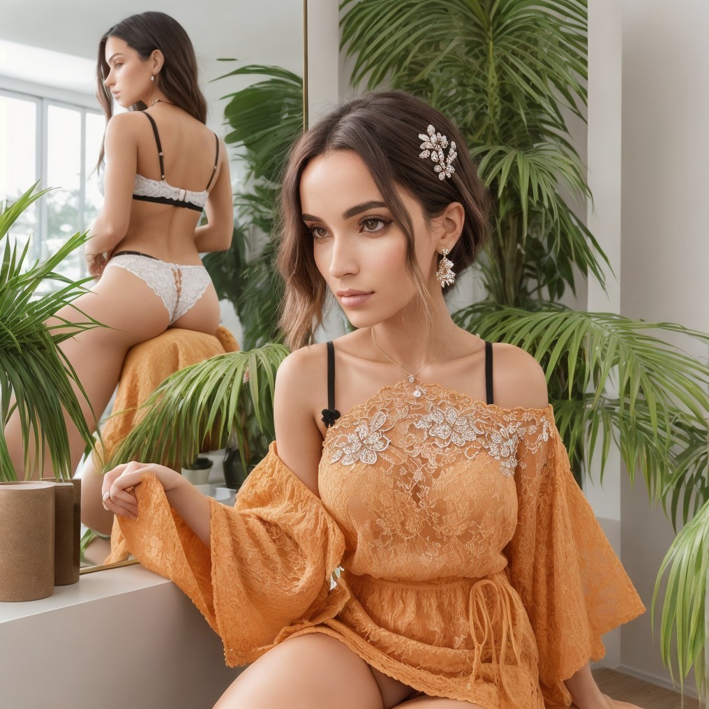 Woman in Orange Lace Outfit in Bright Room