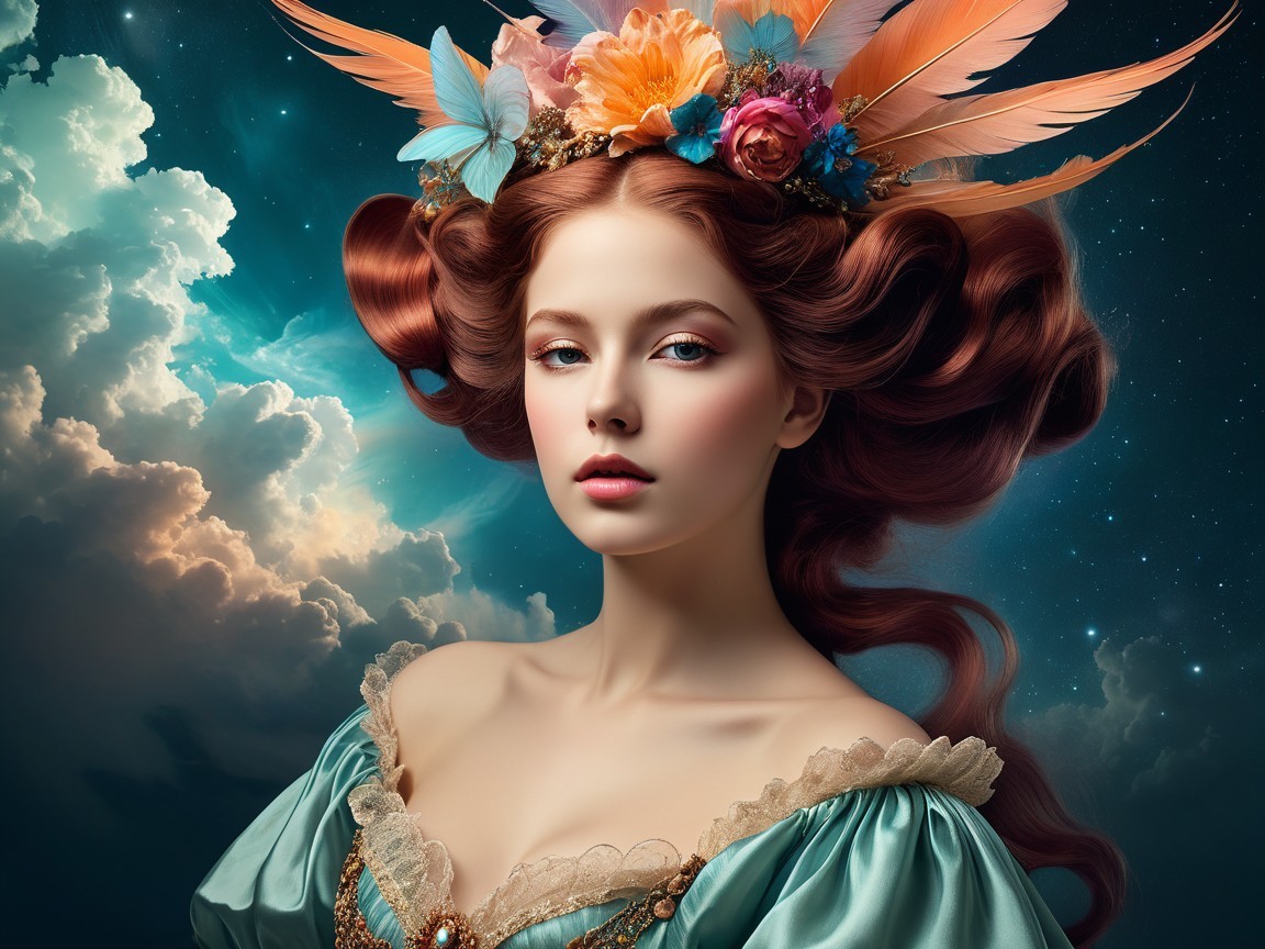 Young woman with red curls in turquoise gown against stars