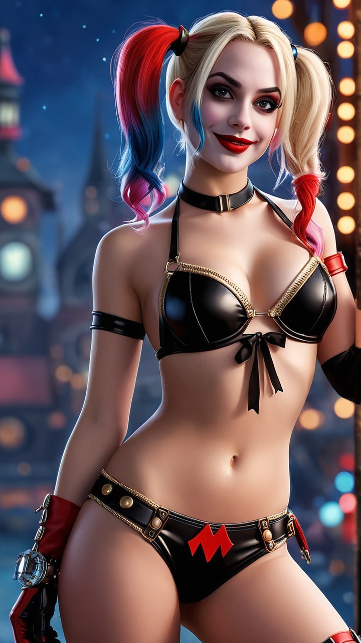 Vibrant Character in Black Bikini with Cityscape Background