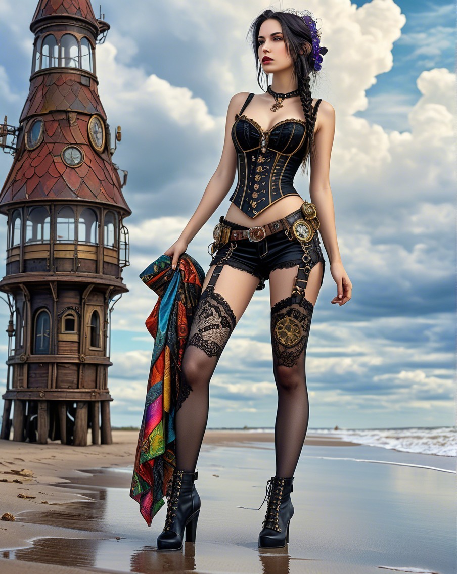 Steampunk Character on Beach with Whimsical Tower