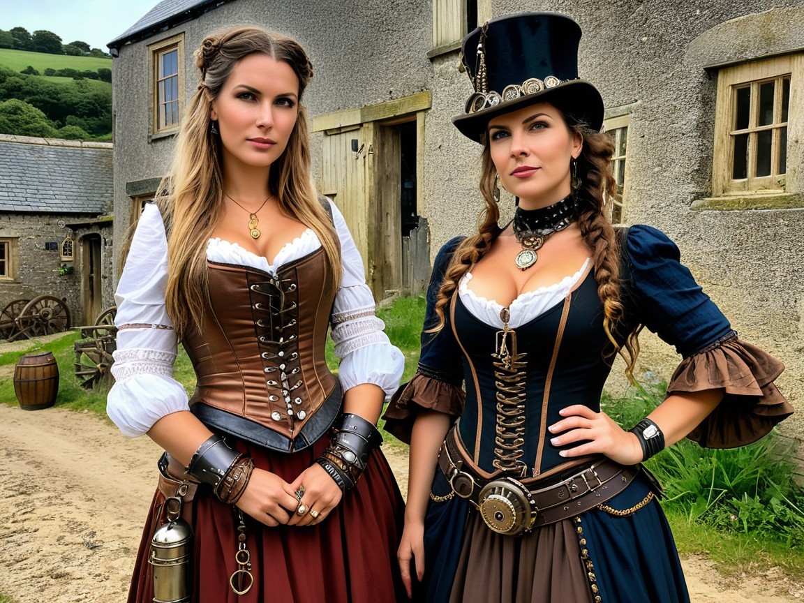 Vintage-Inspired Steampunk Costumes in Village Setting