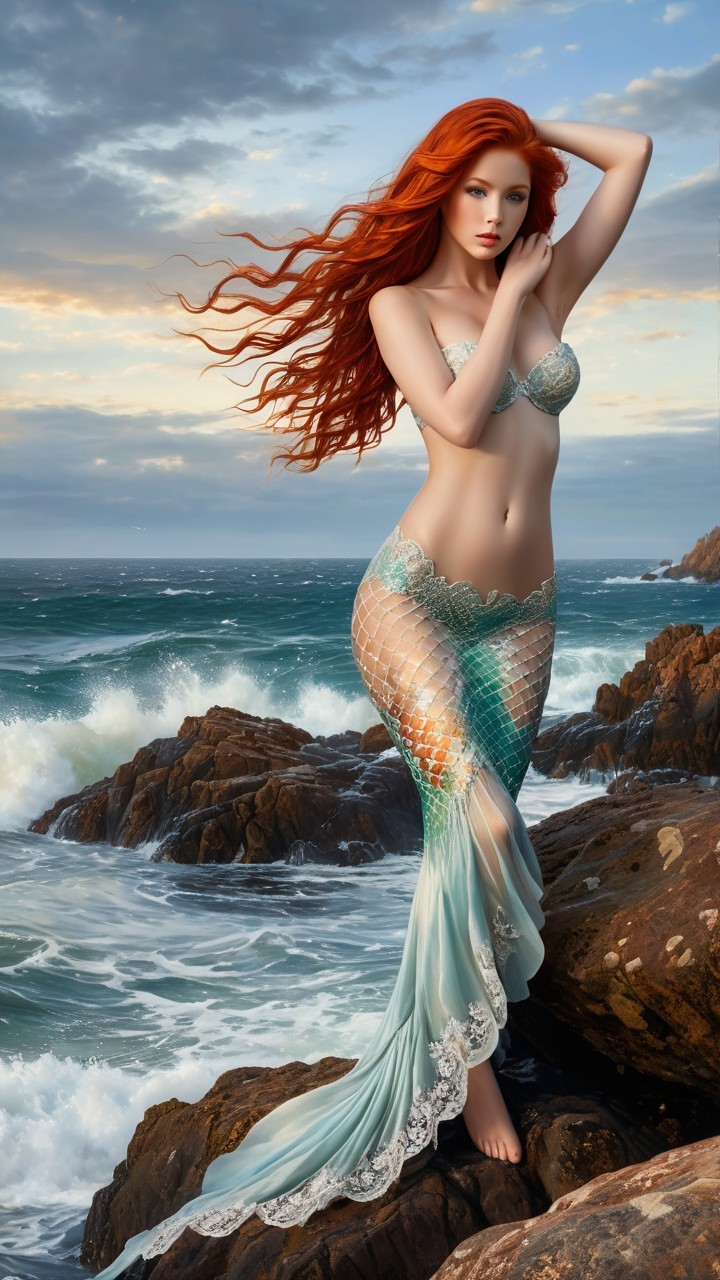 Mermaid on Rocky Shores at Sunset with Vibrant Sea