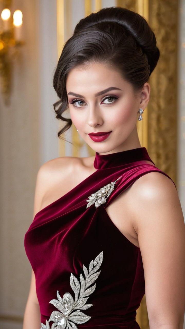 Elegant woman in burgundy gown with silver embroidery