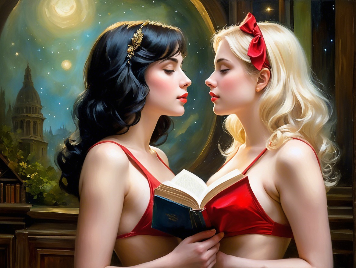 Two Women with Contrasting Hair in Celestial Scene