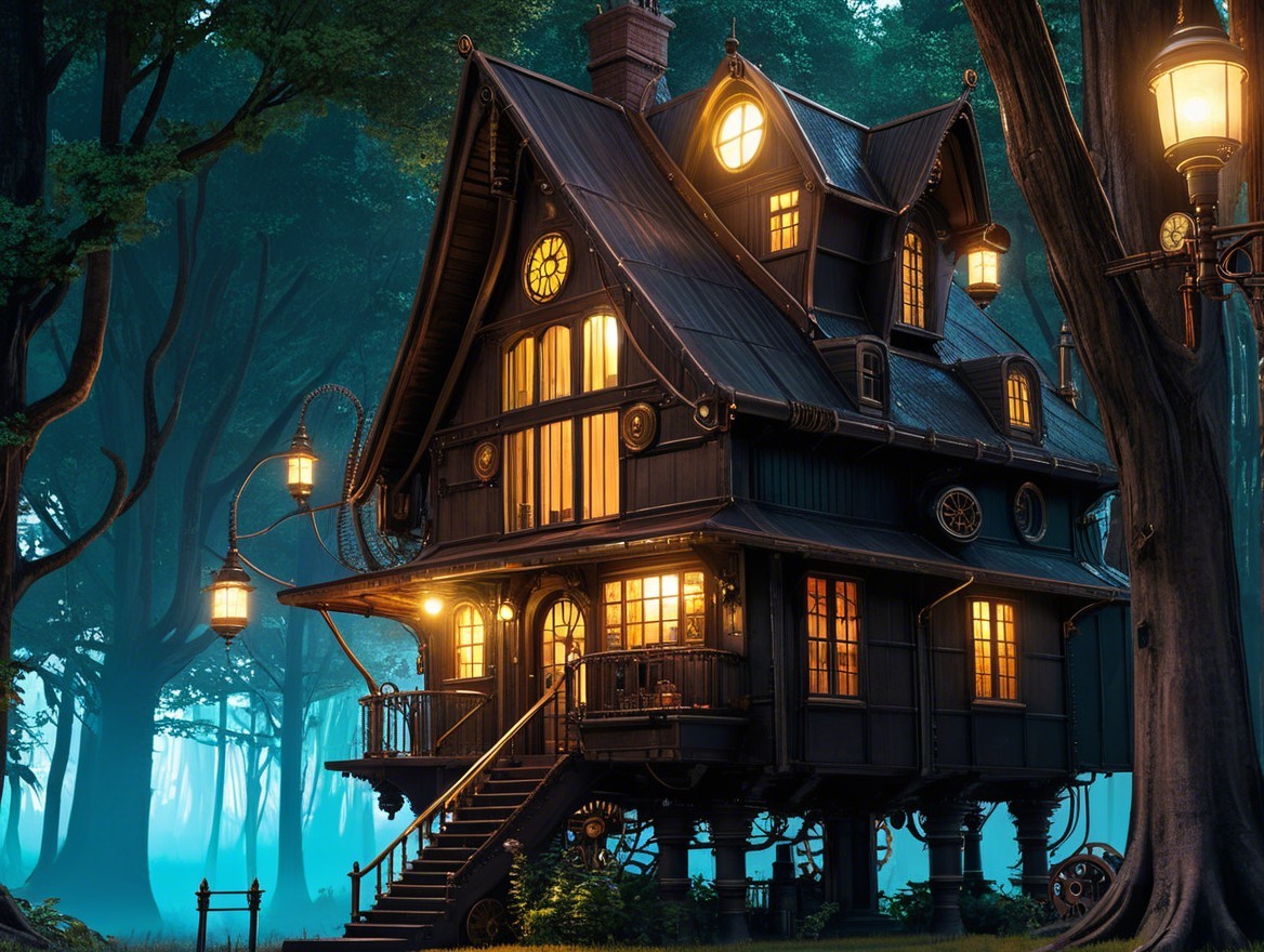 Victorian-style house in a misty forest setting