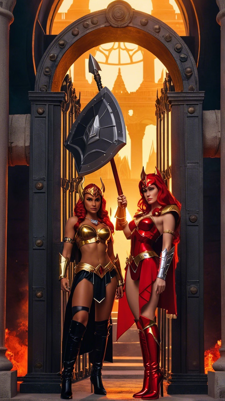Powerful Female Warriors in Fiery Grand Setting