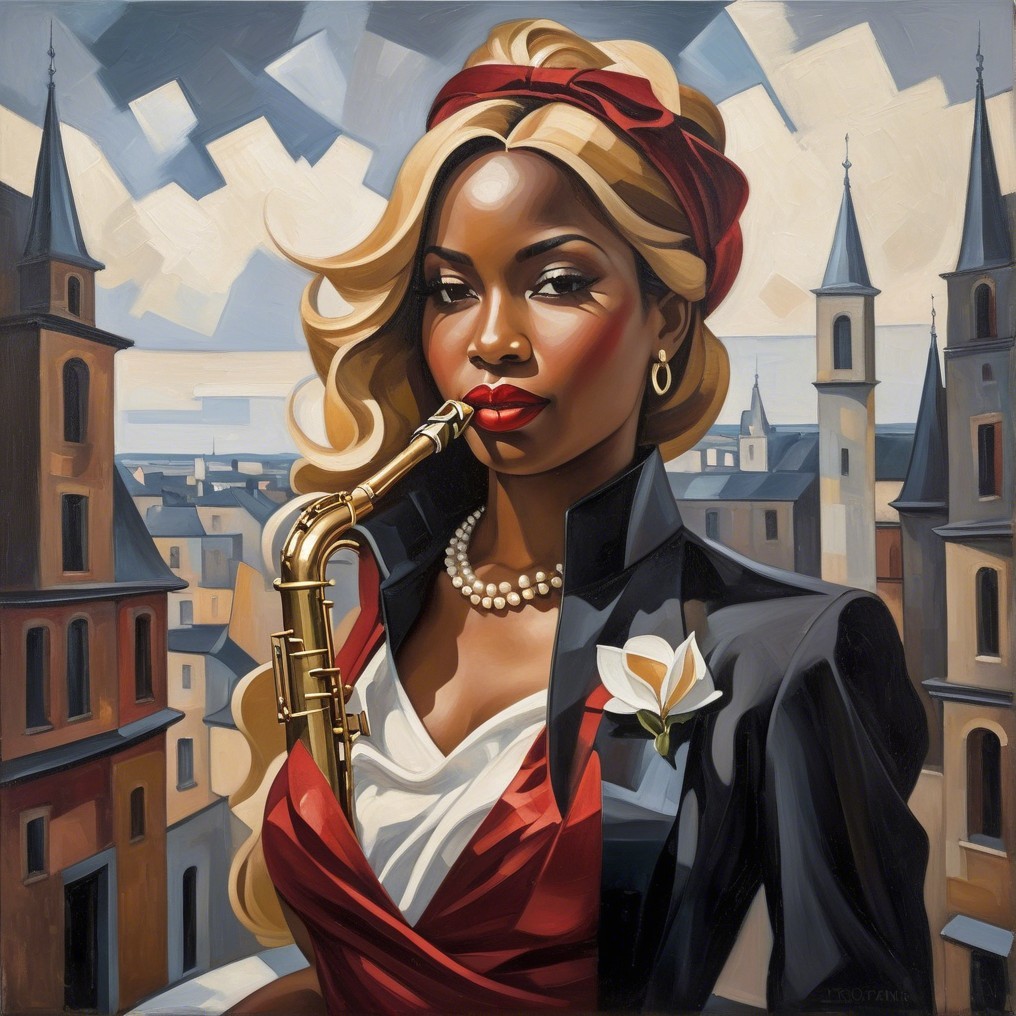 Portrait of a Confident Woman with Saxophone and Towers