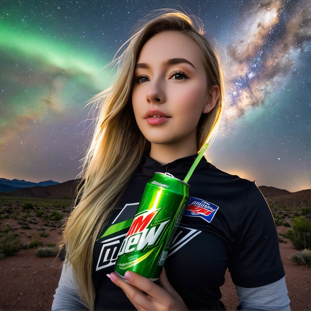 Young woman in desert with auroras and Mountain Dew