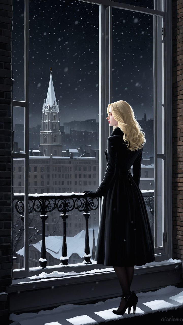 Blond Woman in Black Dress Gazing at Snowy City