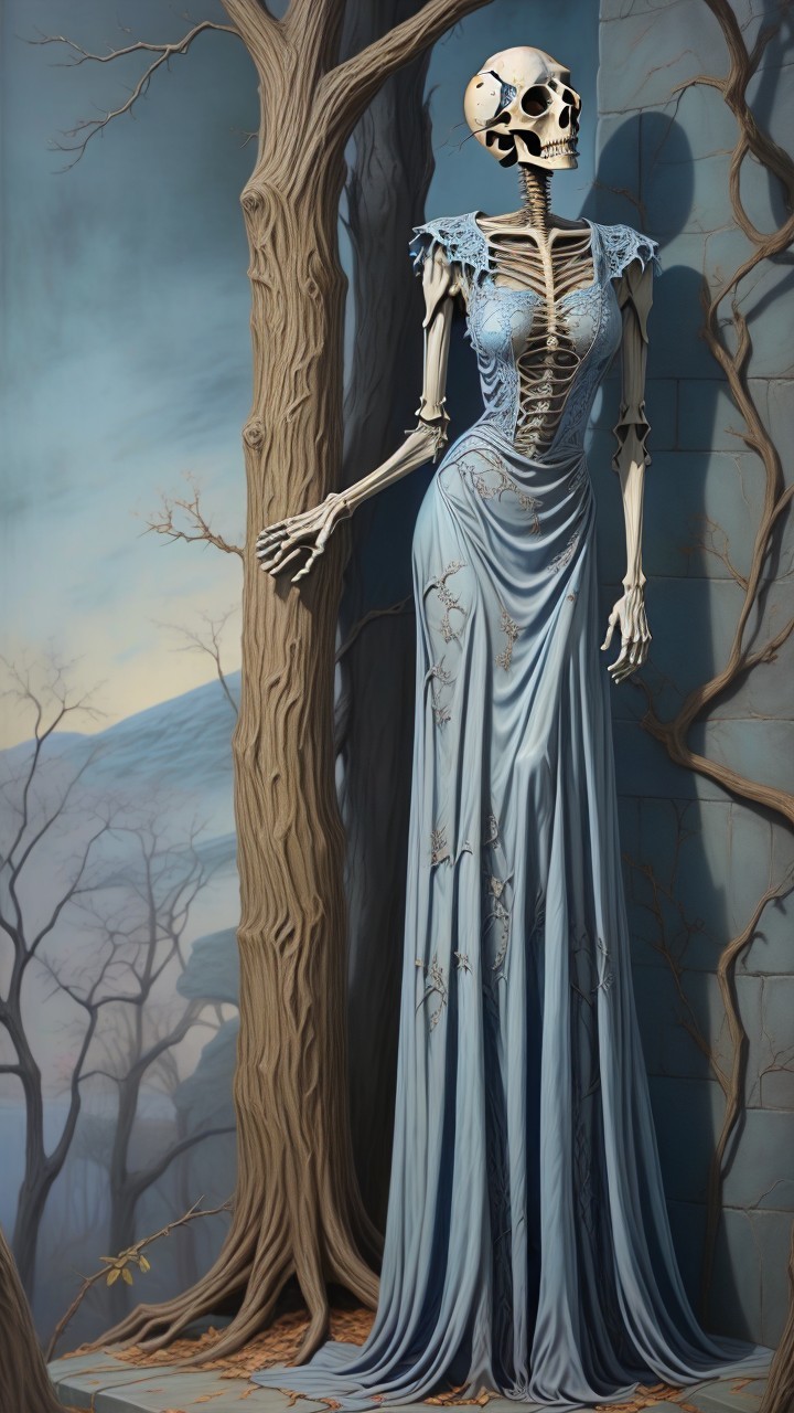 Skeleton in Light Blue Formal Dress Against Misty Landscape