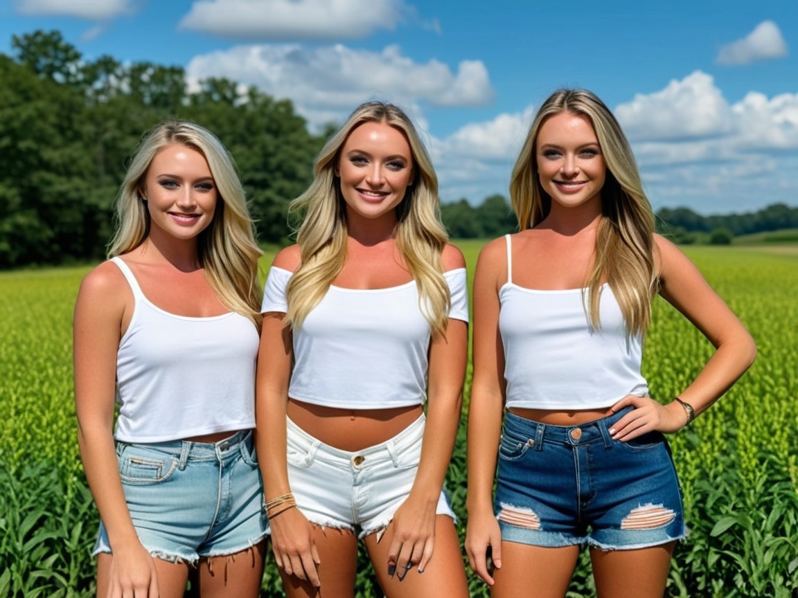 Women in Summer Outfits in Vibrant Green Field