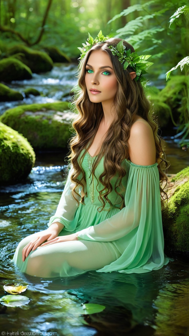 Young Woman in Mint-Green Gown by Clear Stream