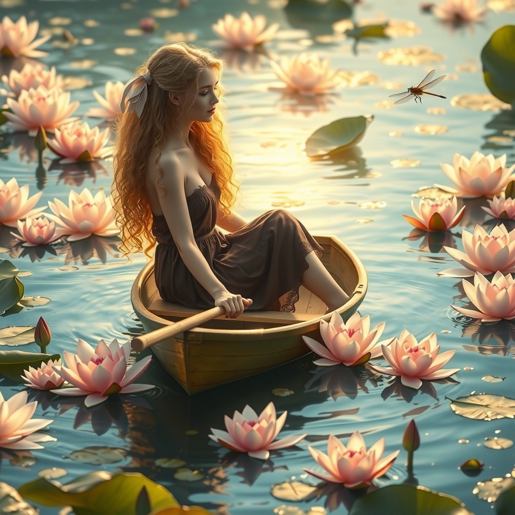 Young Woman in Boat Surrounded by Lotus Flowers
