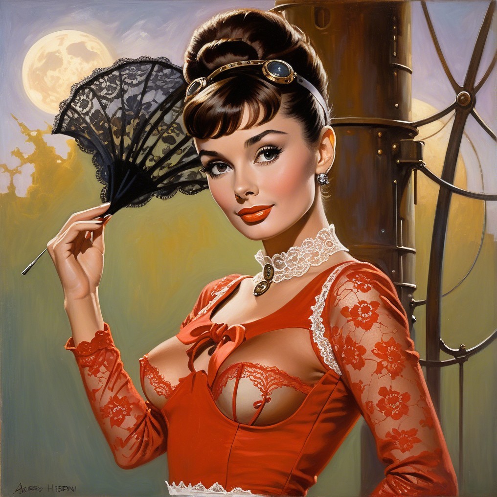 Vintage-inspired woman in red lace with black fan