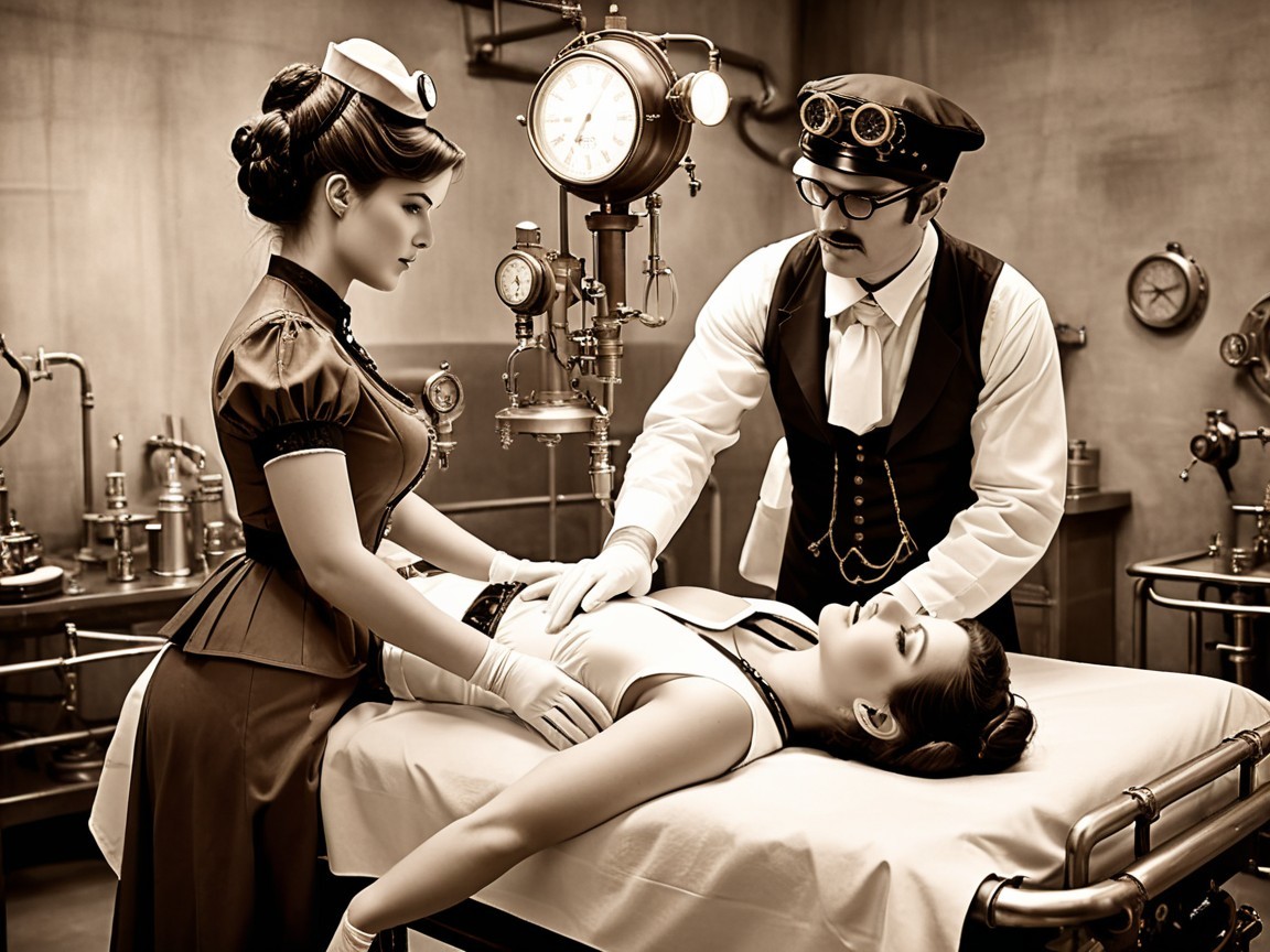Steampunk Medical Scene with Nurse and Doctor in Lab