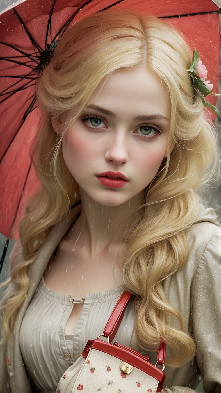 Young woman with blonde hair under red umbrella