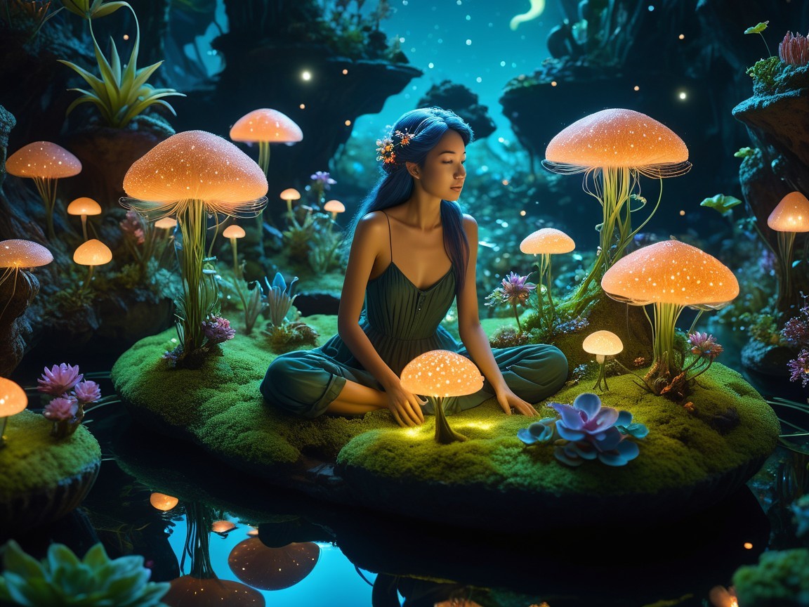 Young Woman with Blue Hair in a Magical Forest