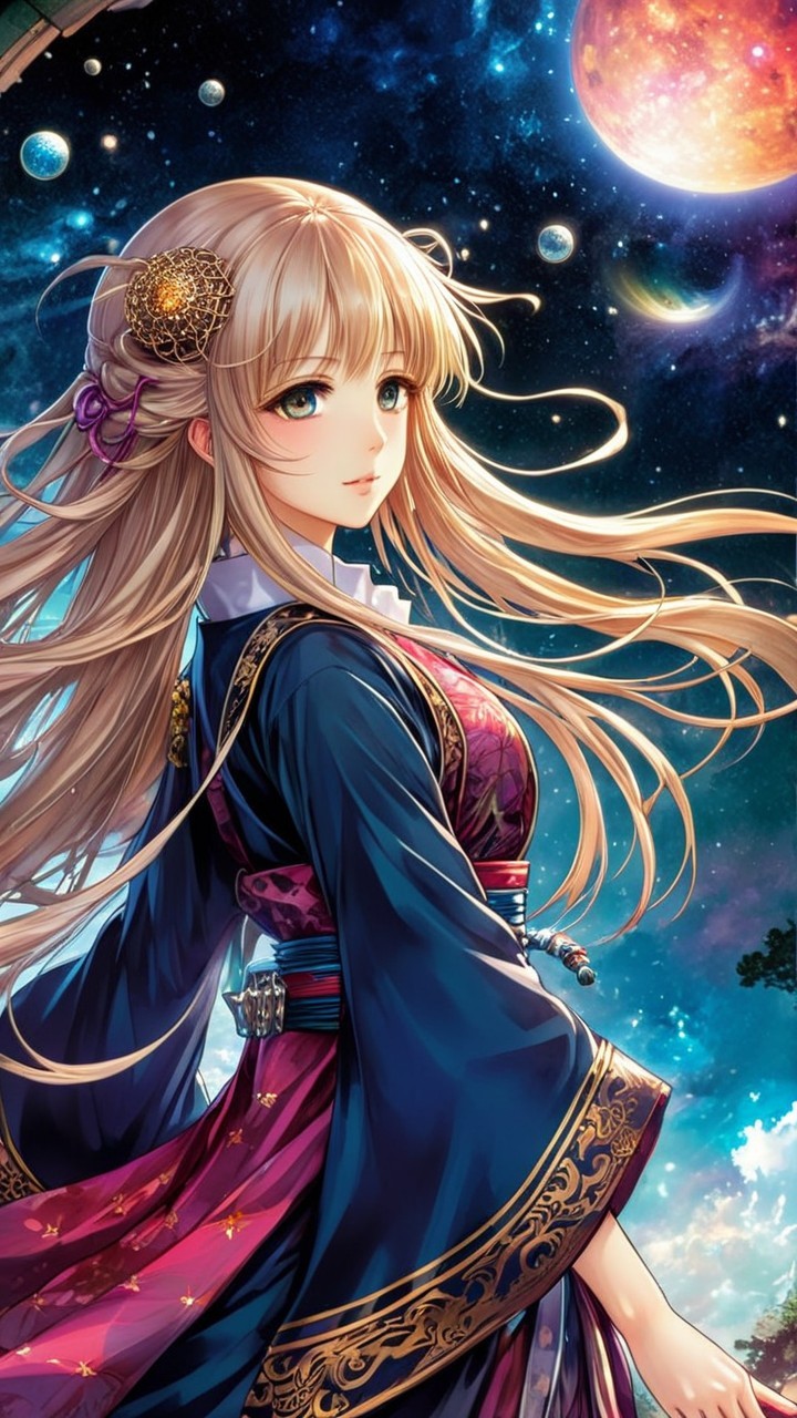 Young Woman in Colorful Kimono Against Cosmic Background