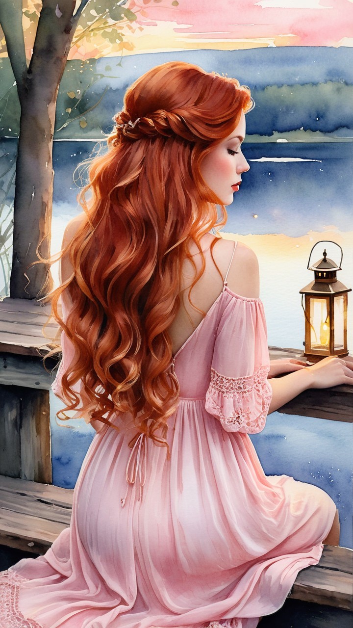 Young woman in pink dress on dock at sunset