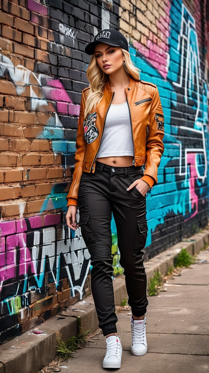 Stylish Woman in Trendy Outfit Against Graffiti Wall