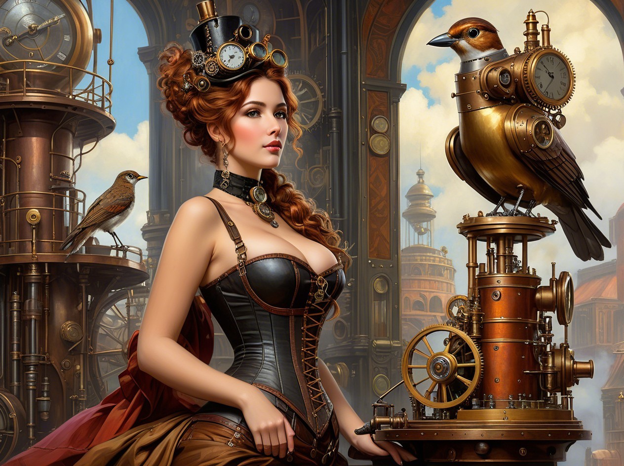 Steampunk Woman and Cyborg Bird in Detailed City