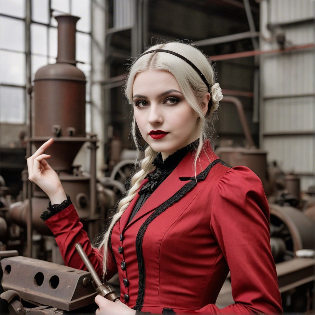 Woman in red dress in vintage industrial setting