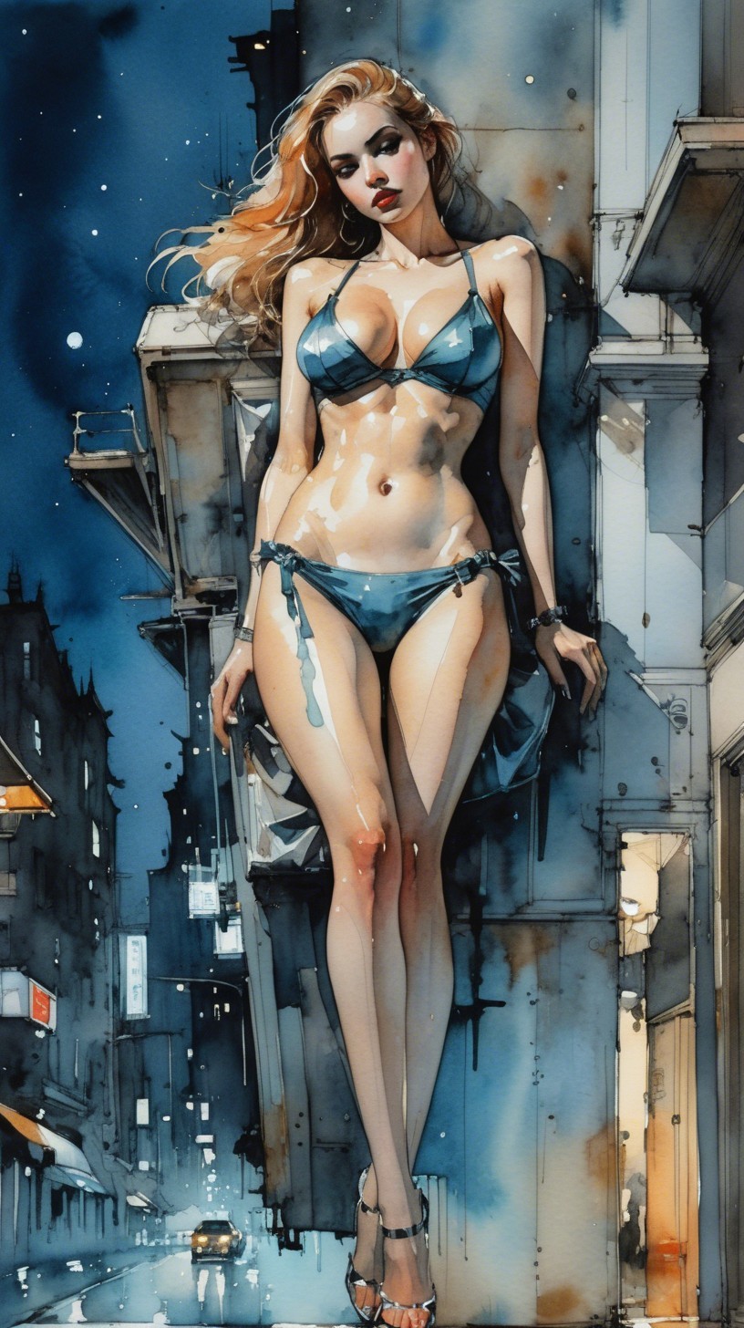 Hyperrealistic Watercolor of Woman in Urban Night Scene