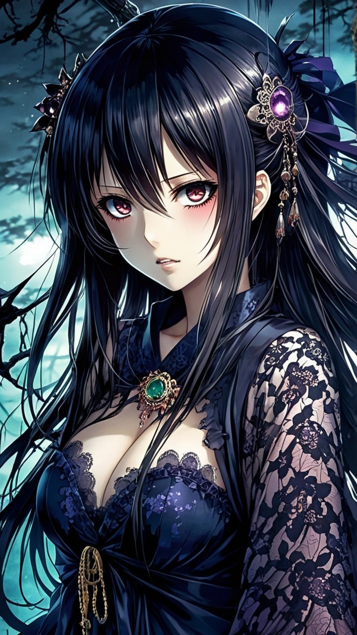 Character in Dark Forest with Black Hair and Crimson Eyes