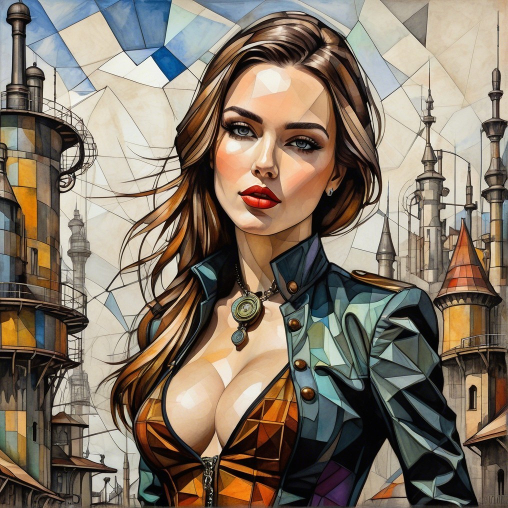 Striking Woman with Geometric Style in Fantasy Setting