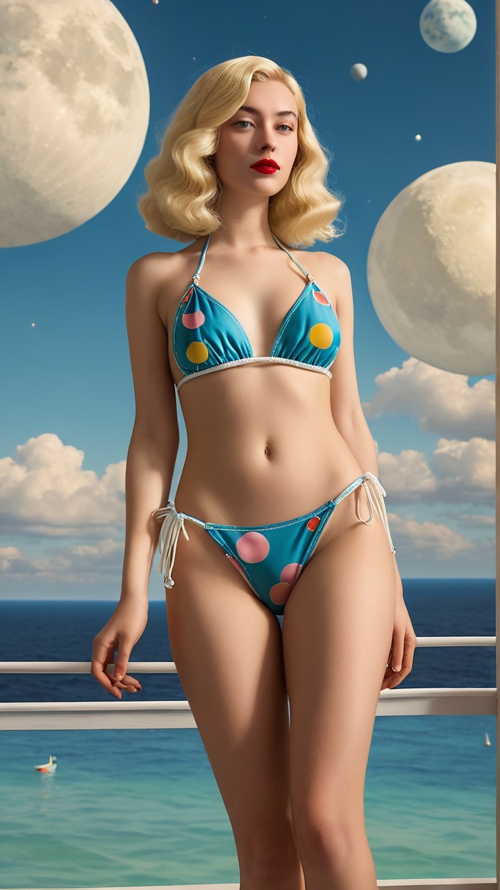 Young woman in blue bikini by ocean balcony
