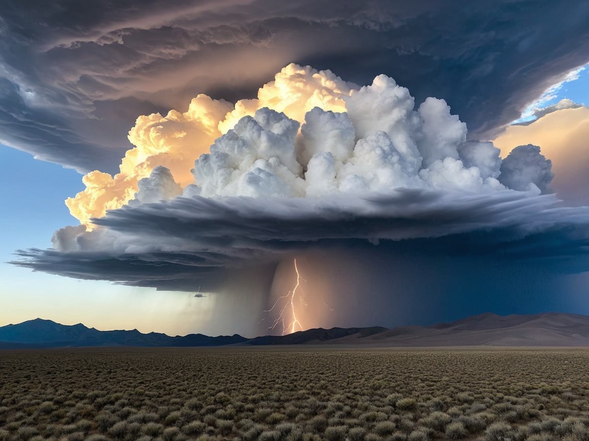 Dramatic Sky with Cumulus Clouds and Lightning Bolt