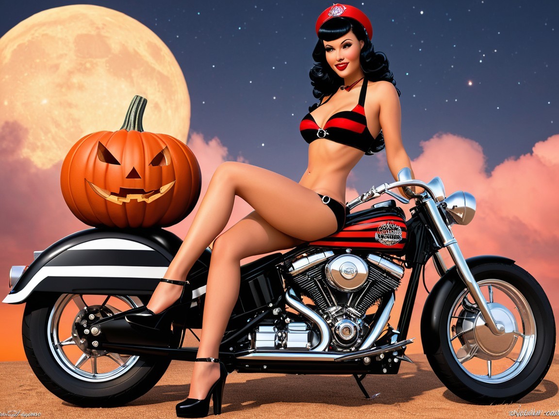 Glamorous Pin-Up Woman on Vintage Motorcycle at Night