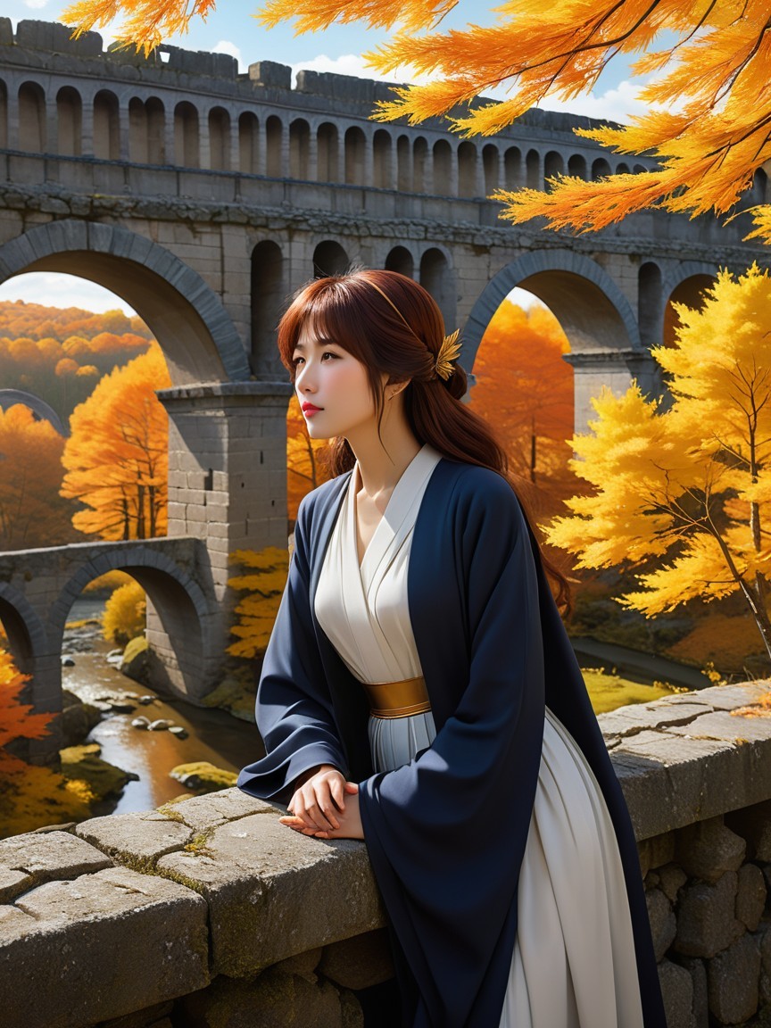 Young Woman by Stone Bridge in Autumn Foliage
