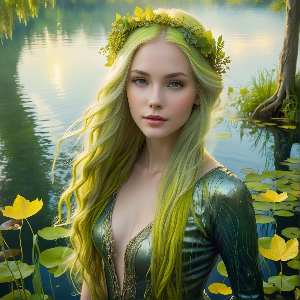 Serene figure by tranquil lake with green attire