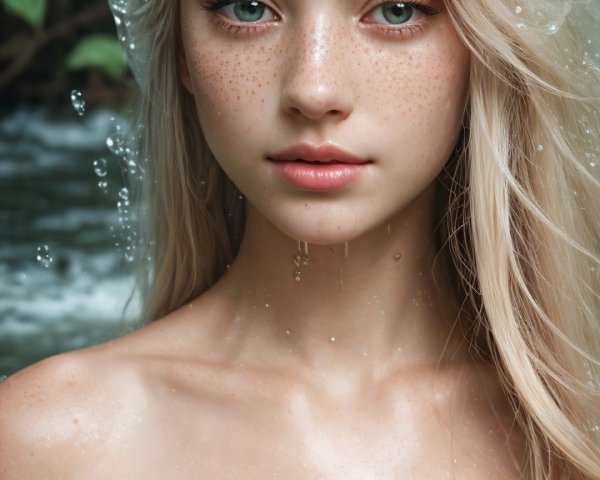 Serene portrait of a young woman in water and greenery