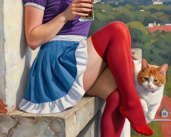 Cheerful woman on balcony with cat and scenic view